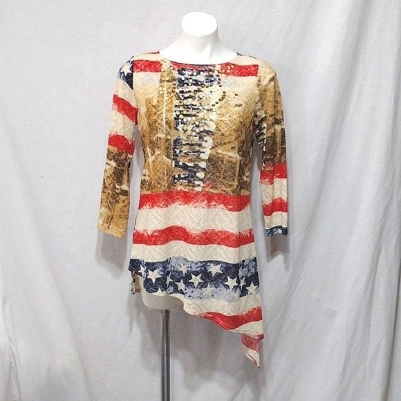 New Bella Sky 4th of July Asymmetrical Hem 3/4 Sleeves Tunic Top Medium - Picture 2 of 7